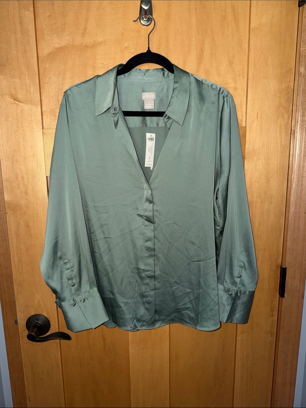 Chicos Relaxed Satin Button-Down Blouse in Sage Green